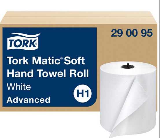 White commercial roll paper towels, 900 feet per roll, for janitorial and facility cleaning use