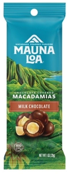 Mauna Loa Milk Chocolate Covered Macadamia Nuts box showing whole macadamias enrobed in creamy milk chocolate