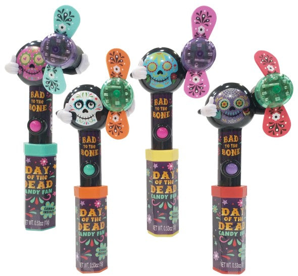 Candyrific Day of the Dead Candy Fan novelty toy with colorful sugar skull design and candy dispenser fan