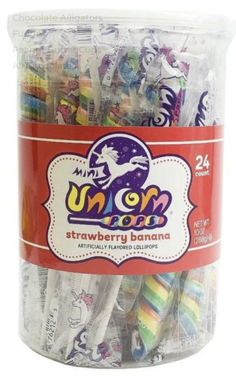 Adams & Brooks Mini Unicorn Pop Rainbow Strawberry Banana Lollipops in a 24ct display tub with lift-off lid
