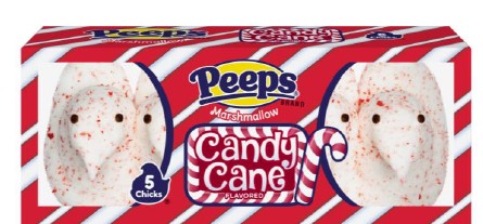 Peeps Candy Cane Chicks 1.5 oz package with 5 peppermint-flavored marshmallow chicks for the holiday season