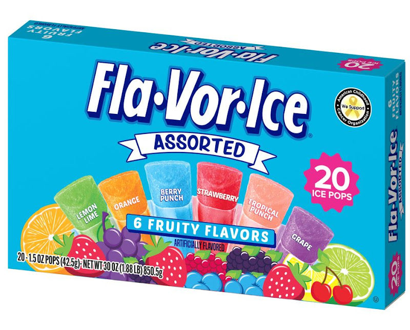 Flavor Ice Assorted Freeze Pops in colorful fruity flavors, classic squeeze-tube frozen treat
