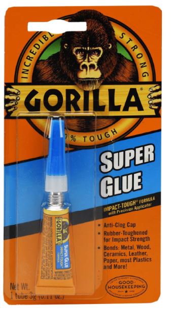 Gorilla Super Glue 3g card packaging — fast-setting cyanoacrylate adhesive for household and DIY repairs