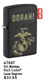 Zippo US Marine Corps Oorah! Lighter with USMC branding and windproof metal construction