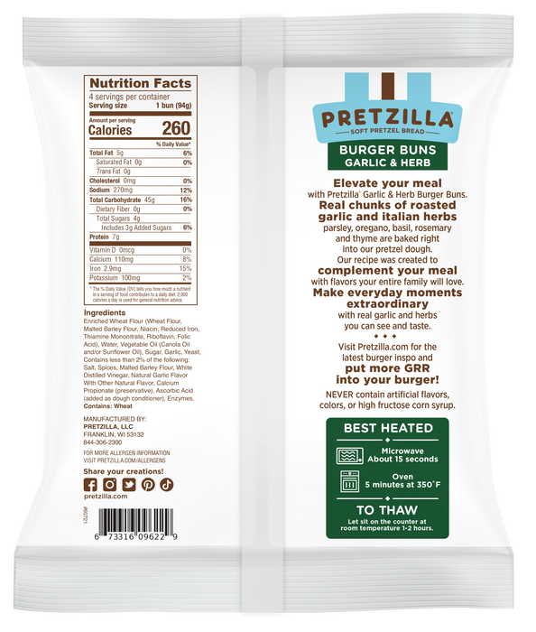 Pretzilla Soft Garlic Herb Burger Buns 12.8 oz (Pack of 4)