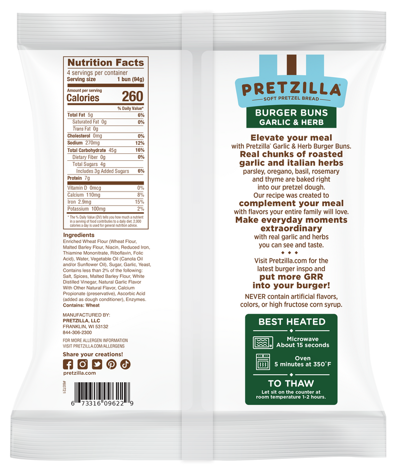 Pretzilla Soft Garlic & Herb Burger Buns 12.8oz 4ct Case of 12