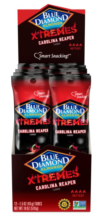 Blue Diamond Almonds, XTREMES Carolina Reaper Spicy Snack Nuts, 1.5oz Tube, Pack of 12