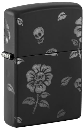 Zippo Flower Skulls Black Matte & Chrome Pocket Lighter - Edgy Floral Fusion