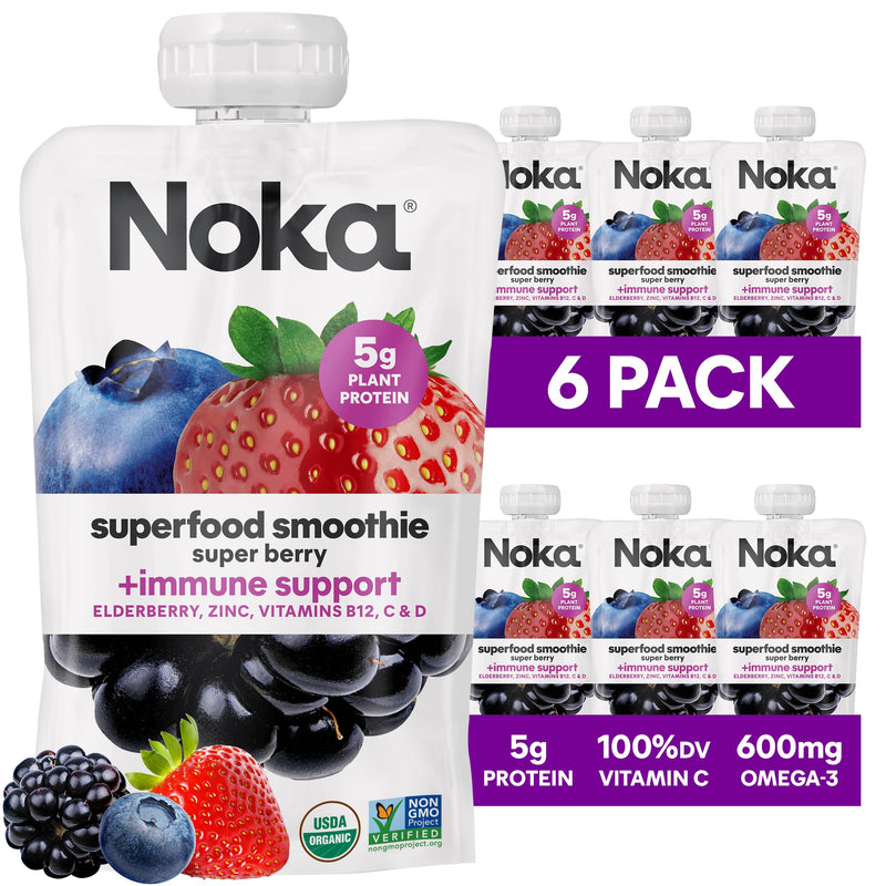 Noka Superfood Fruit Smoothie Pouches, Super Berry with Immune Support, Healthy Snacks with Elderberry, Flax Seed, Plant Protein, and Prebiotic Fiber, Gluten Free and Vegan, 4.22 oz, 6 Count