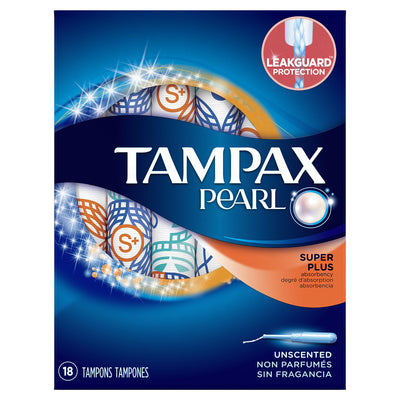 Tampax Pearl Tampons with Plastic Applicator, Super Plus Absorbency, Unscented, 18 Count - Pack of 12 (216 Count Total)