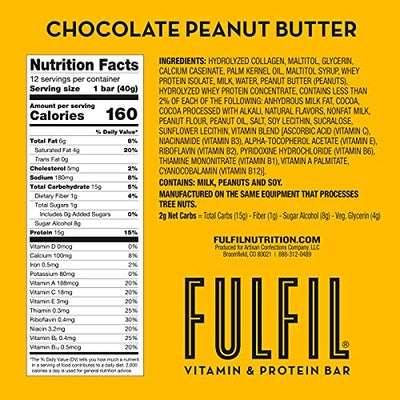 FULFIL Vitamin and Protein Bars, Chocolate Peanut Butter, Snack Sized Bar with 15 g Protein and 8 Vitamins Including Vitamin C, 12 Count