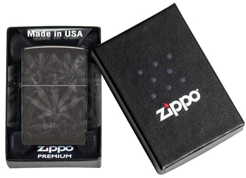 Zippo Cannabis Leaf High Polish Black Pocket Lighter - Herbal Elegance