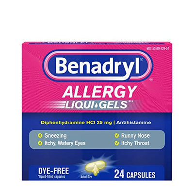 Benadryl Liqui-Gels Antihistamine Allergy & Cold Relief, Dye-Free Formula, 24 Capsules (Pack of 1)