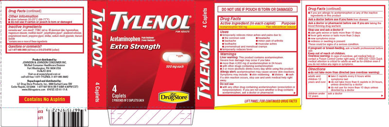 Tylenol Extra Strength Caplets, Pain Reliever, 500mg, 4 Pills (Pack of 1)