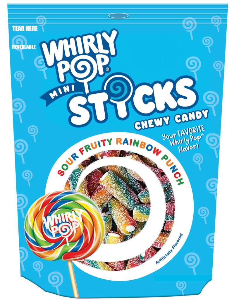 Whirly Pop Mini Sticks Chewy Candy - Whirly Pop Rainbow Filled Sour Ropes Bites, Chewy Rainbow Candy Ropes 7.5 Ounce