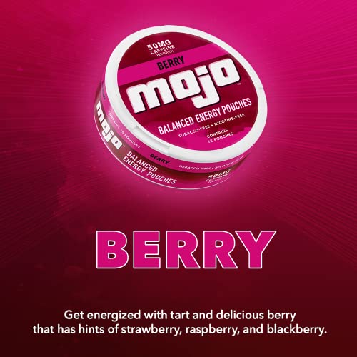 Mojo™ Balanced Energy Pouches | Healthier Energy Drink Alternative | Zero Sugar & Calorie-Free with Ginseng, Yerba Mate, B-Vitamins, and Amino Acids | 15 Pouches Per Can | 5 Cans of Berry