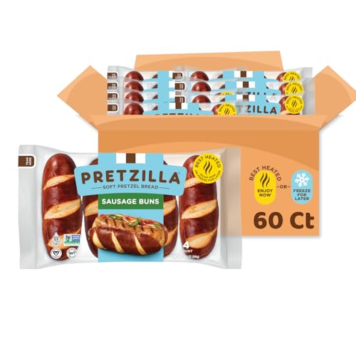 Pretzilla Soft Pretzel Sausage Buns, 10.4 oz 4 Count ‚Äì Bulk Gourmet Sandwich Hoagie Rolls, Non GMO Kosher Vegan Bread, Soft Bakery Pretzel Bun (Case of 15 Packs)