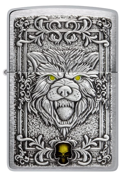 Zippo unisex-adult Wolf Lighters, Brushed Chrome Wolf & Skull Emblem