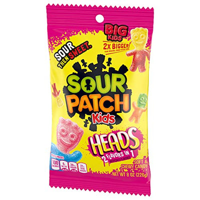 SOUR PATCH KIDS Heads 2 Flavors in 1 Soft & Chewy Candy, 8 oz Bags (Pack of 12)