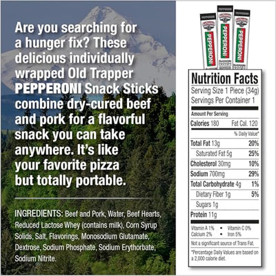 Old Trapper Pepperoni Sticks, 1.2-Ounce Individually Wrapped Packages, Natural Wood Smoked Meat Snacks, 11 Grams of Protein per Serving (Pack of 24)