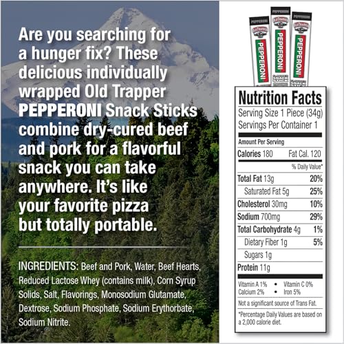 Old Trapper Pepperoni Sticks, 1.2-Ounce Individually Wrapped Packages, Natural Wood Smoked Meat Snacks, 11 Grams of Protein per Serving (Pack of 24)