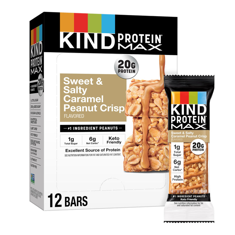 KIND Protein MAX Sweet & Salty Caramel Peanut Crisp Snack Bars, Keto Friendly, 20g Protein, 12 Count