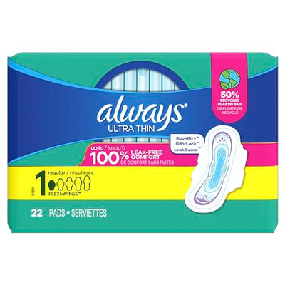 Always Ultra Thin Daytime Pads with Wings, Size 1, Unscented, 22 Count (Pack of 1)