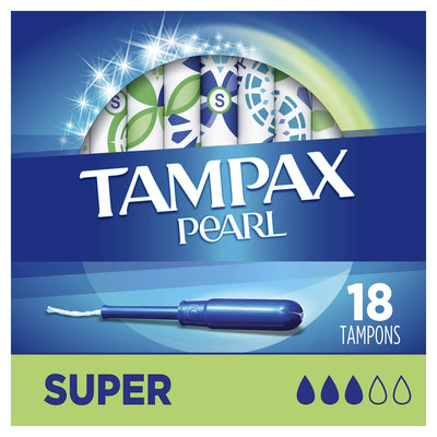 Tampax Pearl Plastic Tampons, Super Absorbency, Unscented, 18 Count - Pack of 12 (216 Total Count) (packaging may vary)