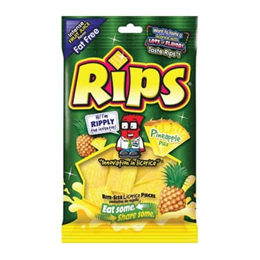 Rips Licorice Candy, Tropical Pineapple Flavor, Chewy Strips, 4 oz Bag