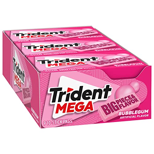 Trident Mega Bubblegum Sugar Free Gum, 9 Packs of 10 Pieces (90 Total Pieces)