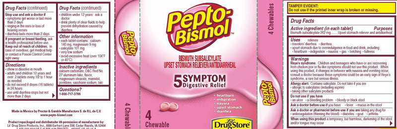 Pepto Bismol Chewable Tablets, Upset Stomach Relief, 4 Count (Pack of 1)