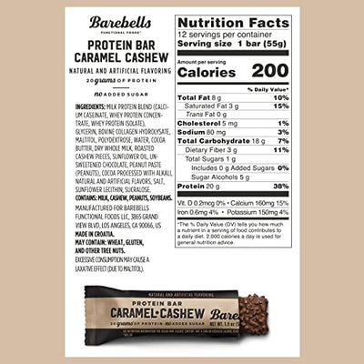 Barebells Protein Bars Caramel Cashew - 12 Count, 1.9oz Bars - Protein Snacks with 20g of High Protein - Chocolate Protein Bar with 1g of Total Sugars - Perfect on The Go Protein Snack & Breakfast Bar