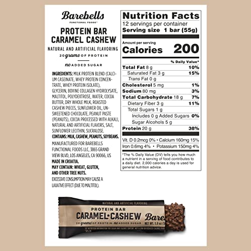 Barebells Protein Bars Caramel Cashew - 12 Count, 1.9oz Bars - Protein Snacks with 20g of High Protein - Chocolate Protein Bar with 1g of Total Sugars - Perfect on The Go Protein Snack & Breakfast Bar