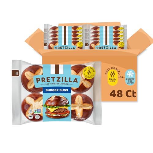 Pretzilla Soft Pretzel Hamburger Buns, 12.8 oz 4 Count ‚Äì Gourmet Sandwich or Burger Rolls, Non GMO Kosher Vegan Burger Bread, Soft Bakery Pretzel Bun (Case of 12 Packs)