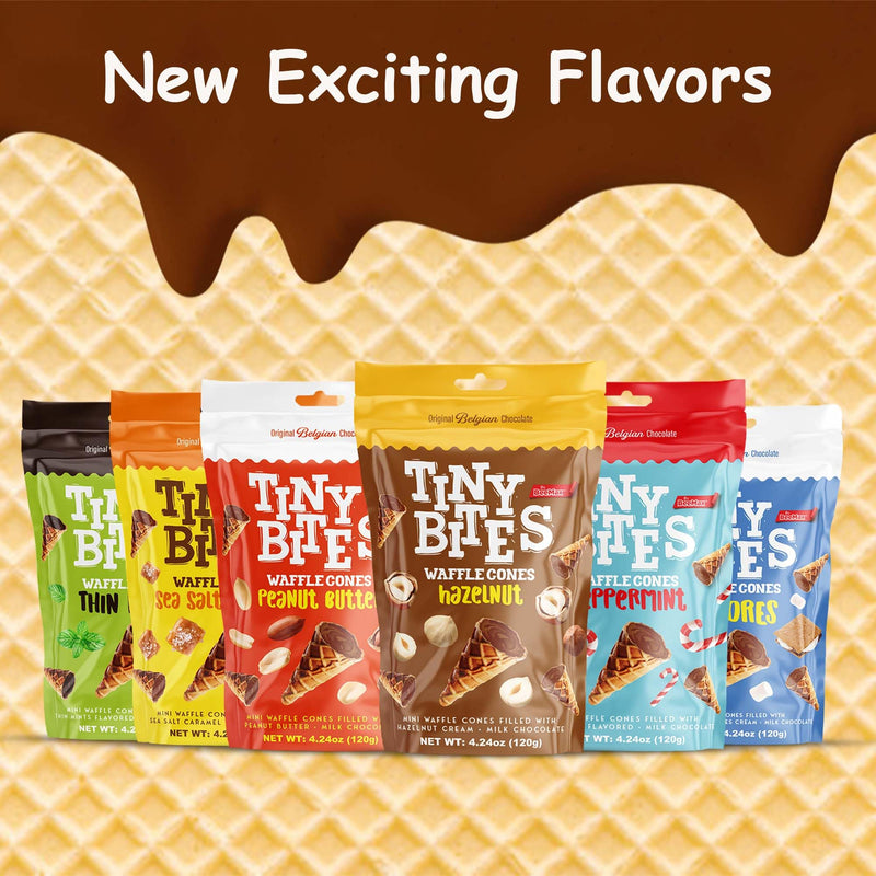 Tiny Bites Sea Salt Caramel Cones - Mini Crispy & Crunchy Waffle Cones, Delicious Cornet Snack with Real Belgian Sea Salt Caramel Chocolate Cones (Pack of 12), Bite-Size Cones by Beemax