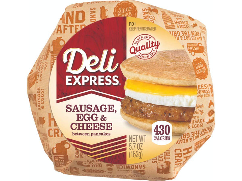 Deli Express Sausage and Egg Cheese Pancake Sandwich, 5.4 Ounce - 12 per case.