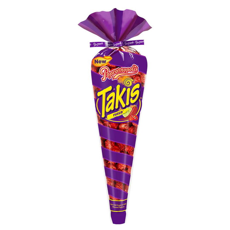 Popcornopolis Takis Fuego Popcorn Cone, Spicy Snack & Gourmet Popped Popcorn Gift, Hot Chili Pepper & Lime Artificially Flavored, 1.75 Oz Cone, Pack of 12