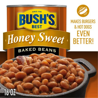 BUSH'S BEST 16 Oz Canned Honey Sweet Baked Beans, Source of Plant Based Protein and Fiber, Low Fat, Gluten Free, (Pack of 12)