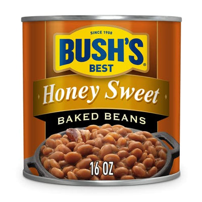 BUSH'S BEST 16 Oz Canned Honey Sweet Baked Beans, Source of Plant Based Protein and Fiber, Low Fat, Gluten Free, (Pack of 12)