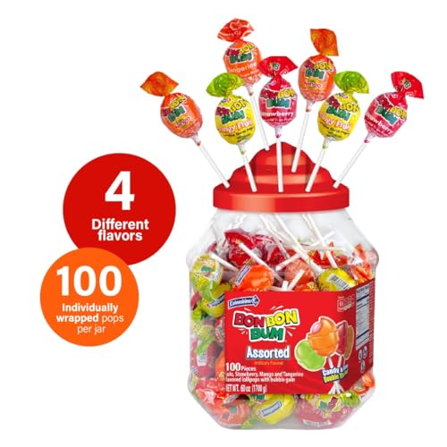 Colombina Bon Bon Bum Lollipops w/Bubble Gum Center Assorted Jar - Lollipops Individually Wrapped of 4 Different Flavors: Lulo Fruit, Strawberry, Mango, and Tangerine - 60 oz bag (100 count)
