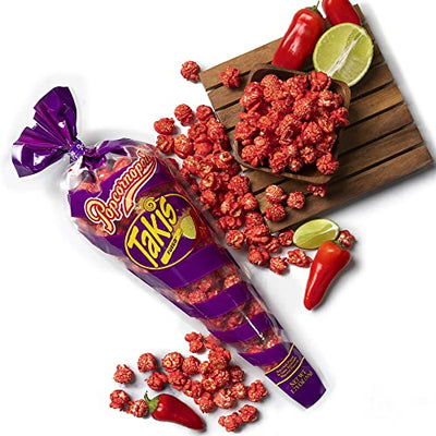 Popcornopolis Takis Fuego Popcorn Cone, Spicy Snack & Gourmet Popped Popcorn Gift, Hot Chili Pepper & Lime Artificially Flavored, 1.75 Oz Cone, Pack of 12