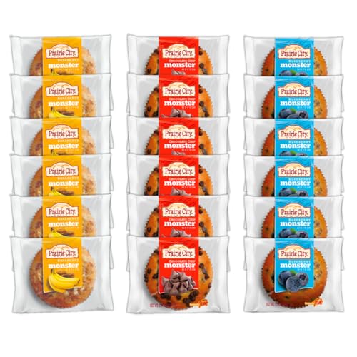 Prairie City Bakery Monster Muffins Variety Pack ‚Äì Fresh Baked, Individually Wrapped Jumbo Muffins ‚Äì Blueberry, Banana Nut & Chocolate Chip, 6 oz Each (Pack of 18)