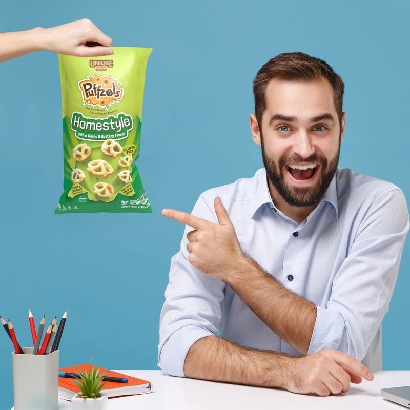 Unique Snacks Puffzels, Delightful Garlic and Buttery Flavor with a Fun Pretzel Crunch, Gluten-Free Snacks, 4.8 Oz. Snack Bag, Pack of 6, Homestyle