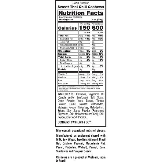 Giants Cashews Sweet Thai Chili Peg Bag 4 oz Single Bag