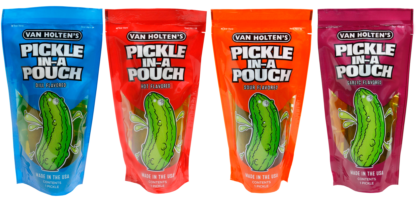 Van Holten's Pickle In-a Pouch Variety Pack, 12 pickles, 3 of each Flavor of Kosher, Dill, Hot & Spicy and Sour Ready to Eat Single Serve Pickles