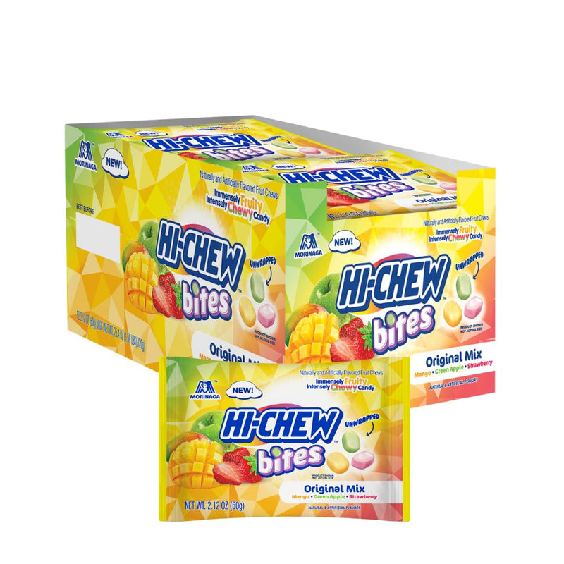 HI-CHEW Bites Original Mix, Mango, Green Apple, Strawberry, 2.12 oz Bag (Pack of 12)