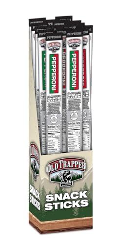 Old Trapper Pepperoni Sticks, 1.2-Ounce Individually Wrapped Packages, Natural Wood Smoked Meat Snacks, 11 Grams of Protein per Serving (Pack of 24)