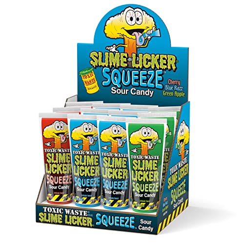 Toxic Waste Slime Licker Squeeze Sour Candy | 12 Count Display with Blue Razz, Cherry, and Green Apple Flavors