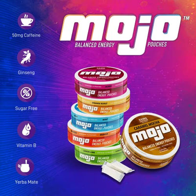 Mojo™ Balanced Energy Pouches | Healthier Energy Drink Alternative | Zero Sugar & Calorie-Free with Ginseng, Yerba Mate, B-Vitamins, and Amino Acids | 15 Pouches Per Can | 5 Cans of Mango