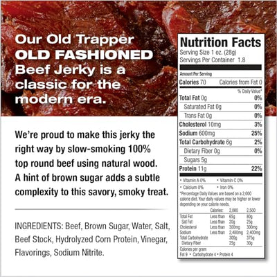 Old Trapper Old-Fashioned Beef Jerky, 1.8-Ounce Individual Packages, Great Size for Quick Snacking, 11 Grams of Protein and Zero Grams of Fat Per Serving (Pack of Six)